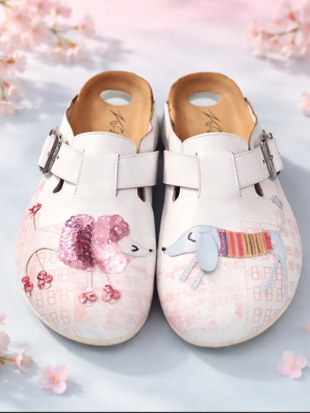 ZoConcept White Clogs With  a sequin poodle and a dog illustration Size 6.5